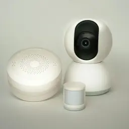 Trzy białe urządzenia smart home: okrągły głośnik, kamera IP i mały czujnik ruchu. Różne rodzaje czujników ruchu.