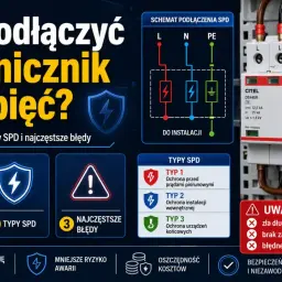 Schemat podłączenia ogranicznik przepięć T1+T2, jego typy i zasady montażu. Ochrona instalacji i urządzeń.