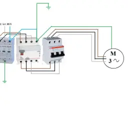 Schemat instalacji elektrycznej z symbolem ogranicznika przepięć, wyłącznikiem różnicowoprądowym i silnikiem trójfazowym.