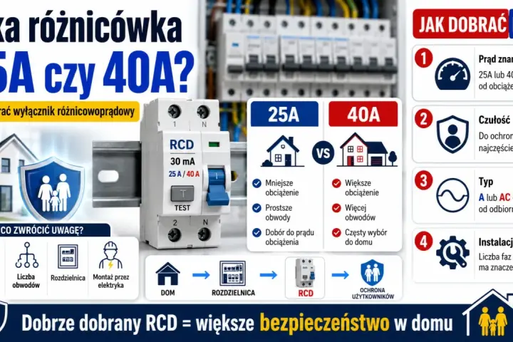 Porównanie wyłączników nadprądowych: 25A vs 40A. Jak dobrać RCD do domu, uwzględniając obciążenie, czułość i instalację.