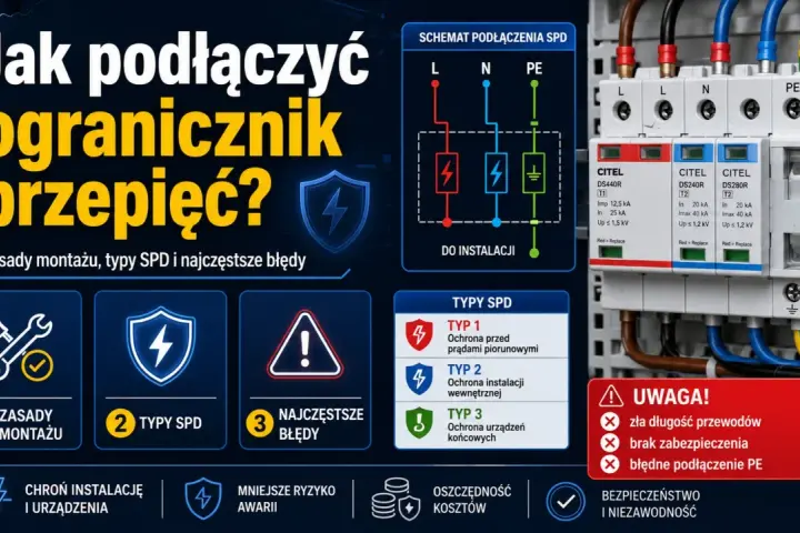 Schemat podłączenia ogranicznik przepięć T1+T2, jego typy i zasady montażu. Ochrona instalacji i urządzeń.