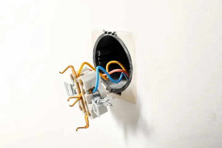 Rozpoczęta wymiana puszki elektrycznej. Kolorowe przewody wychodzą z czarnej obudowy w ścianie.