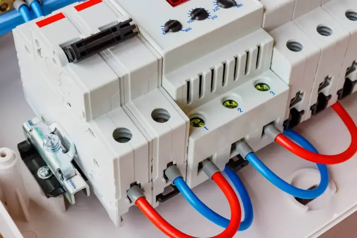 Modułowe klasy ograniczników przepięć z czerwonymi i niebieskimi przewodami, gotowe do ochrony instalacji elektrycznej.