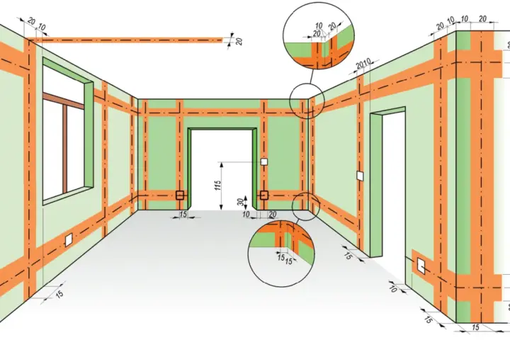 Schematyczne przedstawienie projektu instalacji elektrycznej w mieszkaniu, z zaznaczonymi trasami przewodów na ścianach i suficie.