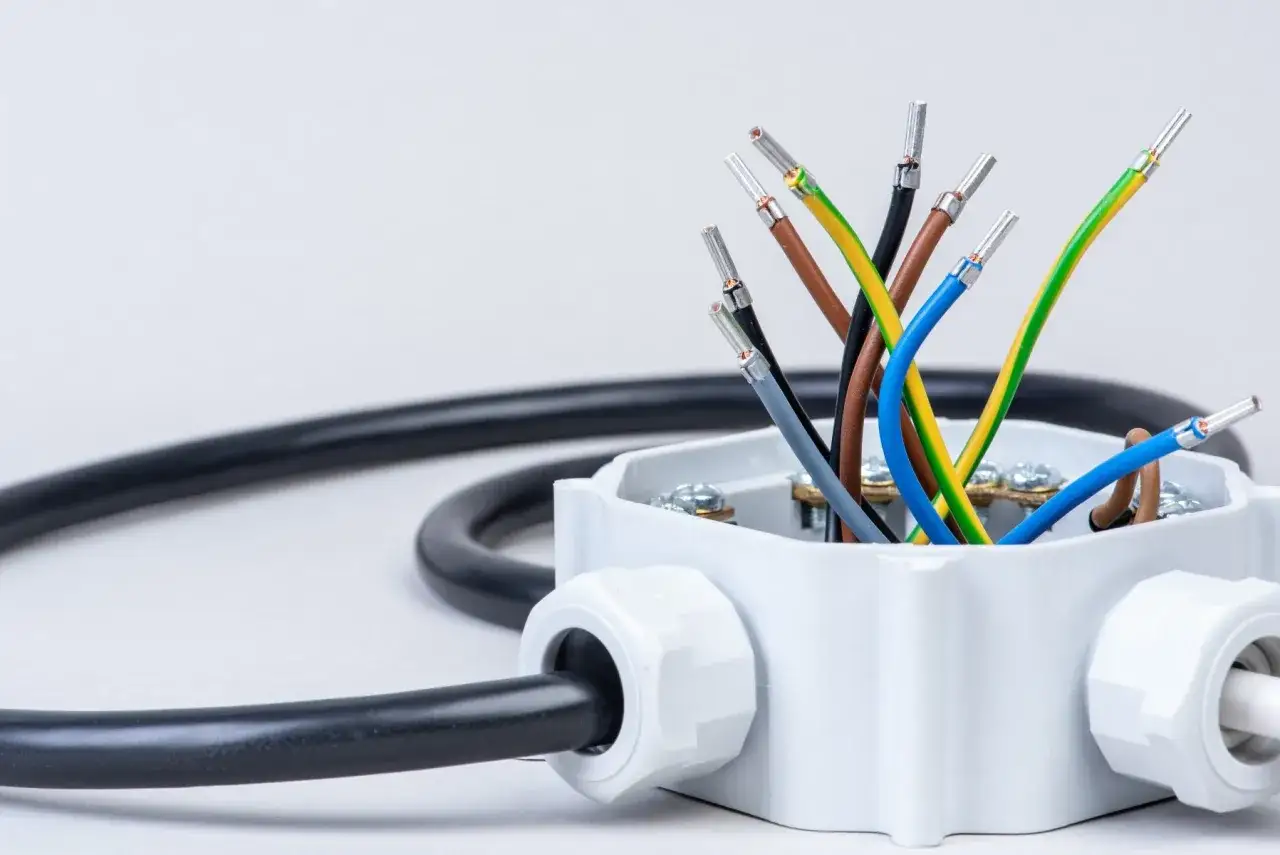 Różne rodzaje puszek elektrycznych z kolorowymi przewodami wychodzącymi z białej obudowy.
